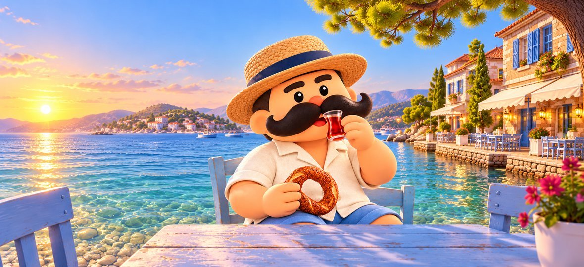 Gün doğumunda Foça sahilinde gevrek yiyip çay içen bıyıklı kahraman